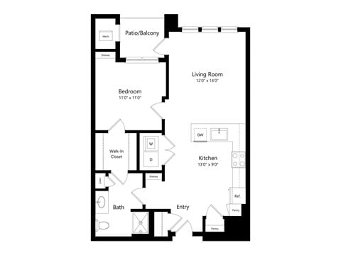 Floor plan for 1 bed, 1 bath, 757 sqft